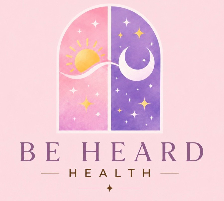 Be Heard Health logo: an arched window with a sun on a pink sky and a crescent moon on a lilac night sky